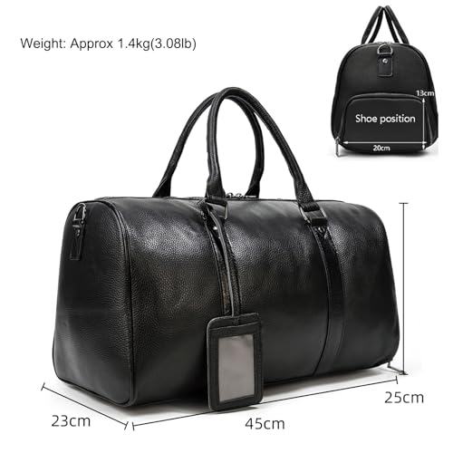 Leather Travel Bag for Men Large Capacity Luggage Duffel Bag with Shoe Compartment, Weekend Handbag for Holiday Business Trip 45cm, Black - color: 45cm-Black
