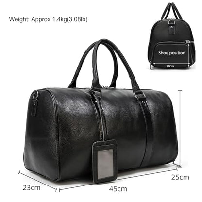 Leather Travel Bag for Men Large Capacity Luggage Duffel Bag with Shoe Compartment, Weekend Handbag for Holiday Business Trip 45cm, Black - color: 45cm-Black