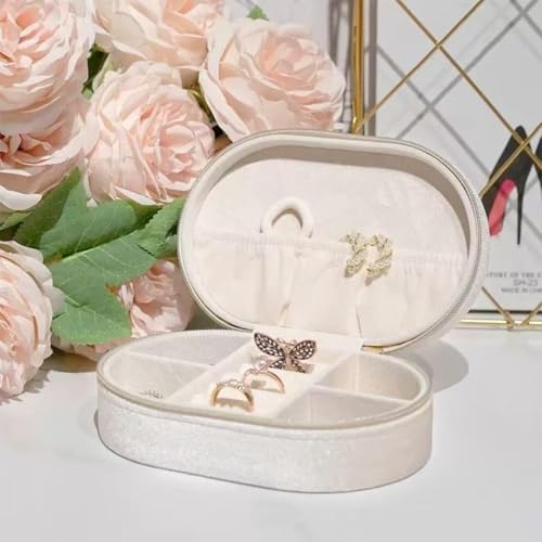 Jinglong Ins-style Velvet Jewelry Box, Portable Travel Jewelry Organizer, Retro Green/Cream White Exquisite Accessory Storage Box (White) - color: White
