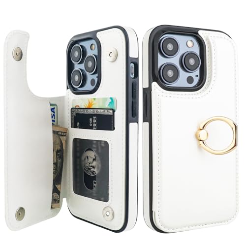 ONETOP for iPhone 14 Pro Wallet Case with Credit Card Holder,White | 360° Rotation Ring Kickstand,Finger Grip,Double Magnetic Clasp,RFID Blocking PU Leather Shockproof Cover for Women Men - color: White
