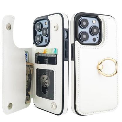 ONETOP for iPhone 14 Pro Wallet Case with Credit Card Holder,White | 360° Rotation Ring Kickstand,Finger Grip,Double Magnetic Clasp,RFID Blocking PU Leather Shockproof Cover for Women Men - color: White