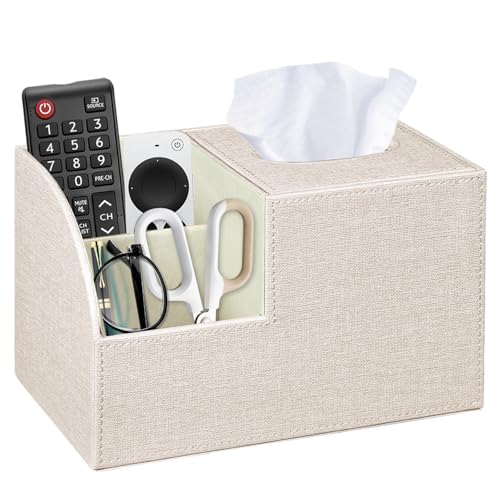 Square Tissue Box Cover with Storage, PU Leather Facial Cube Tissue Holder | TV Remote Control Holder, Desk Accessories Nightstand Organizer, Modern Table Caddy for Bathroom, Bedroom, Home, Office Decor - color: Beige Cloth
