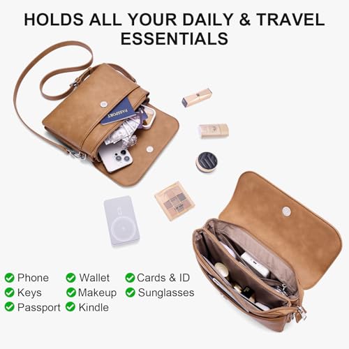 RFID Crossbody Bags for Women Vegan Leather with 2 Straps White | Purse Shoulder Bag Travel Cell Phone - color: Camelbrown