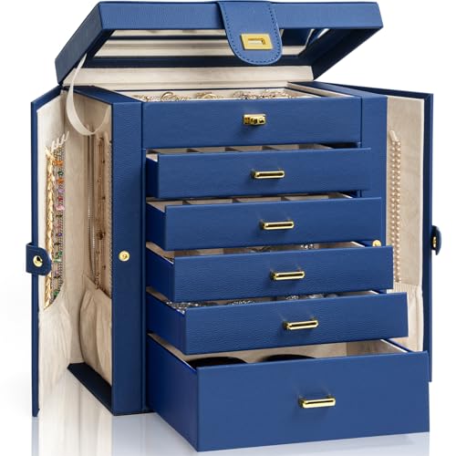 AKOZLIN 6-Tier Jewelry Box Organizer Functional 5 Drawers Leather Jewelry Storage Case for Women Girls Ring Necklace Earring Bracelet Holder Organizer with Mirror Blue Large - color: Blue, size: Large
