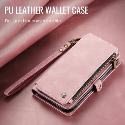 Defencase for iPhone 11 Wallet Case with RFID Blocking Card Holder, Pink | Durable Soft PU Leather, with Zipper Pocket, Wrist Strap, Fashion Snap Flip Phone Cases Cover with Stand for Women and Men - color: Rose Pink