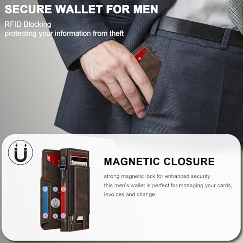Wallet for Men Wallet with Slim Pop Up Card Holder 9-13 Cards, Bifold Minimalist Smart Wallet RFID Blocking Credit Card Holder with ID Window & Stretchable Cash Slot Compact Metal Aluminum Card Case - color: Dark Brown