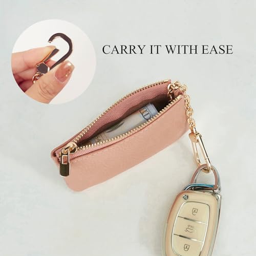 Full Grain Leather Coin Purse with Key Chain - Small Change Purse Keychain Card Holder Keychain Pouch Small Keychain Wallet for Women and Men (Pink) - color: Pink, Regular Size
