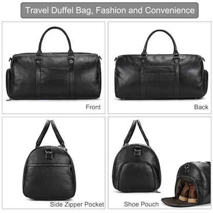 Genuine Leather Travel Bag Large Capacity Waterproof Luggage Duffel Bag with Shoe Compartment, Shoulder Handbag for Men Women Holiday Business Trip