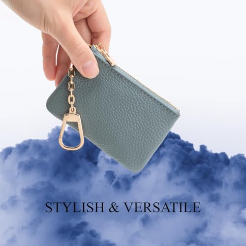 Full Grain Leather Coin Purse with Key Chain - Small Change Purse Keychain Card Holder Keychain Pouch Small Keychain Wallet for Women and Men (Powder Blue) - color: Powder Blue, Regular Size