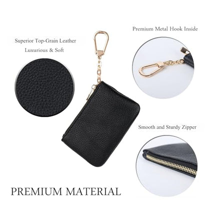 Full Grain Leather Coin Purse With Key Chain - Small Change Purse Card Holder Keychain Pouch Wallet for Women and Men (Black) - color: Black, Regular Size