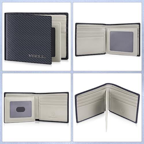 VISOUL Mens Carbon Fiber Leather Bifold Wallet with 2 ID Windows, RFID Blocking Wallet with 2 Money Compartments, Stylish Two-tone Back Pocket Wallet for Men (Black+Light Gray) - color: Black+Light Gray