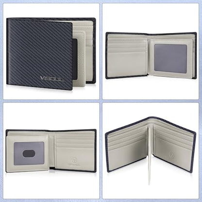 VISOUL Mens Carbon Fiber Leather Bifold Wallet with 2 ID Windows, RFID Blocking Wallet with 2 Money Compartments, Stylish Two-tone Back Pocket Wallet for Men (Black+Light Gray) - color: Black+Light Gray