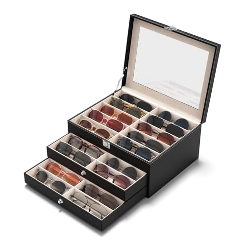 NEWLOOP 10/30 Slots Sunglass Organizer for Multiple Pairs of Eyeglass See-through Display Case Storage Box for Women Men - color: 3 Layers 30 Slots, Black
