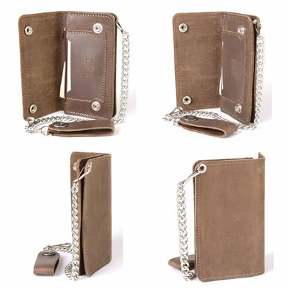 Milwaukee Leather MLW7865 Men's 7" Black Soft Premium Cowhide Leather Tri Fold Wallet w/Anti-Theft Stainless Steel Chain - color: Brown Buffalo Coin, size: 6 Inch