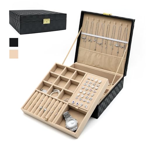 Jewelry Organizer Box, Jewelry Box Organizers for Women Girls, Jewellery Display Holder, 2 Layers Large Leather Jewels Storage Case for Earring, Rings, Necklaces, Bracelets, Watch, Ideal Gift (Black) - color: Black