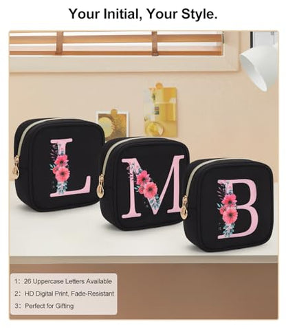 Relavel Initial Mini Makeup Bag for Girls, Small Makeup Bag for Purse with Zipper ＆ Removable Handle, Portable Makeup Pouch Lipstick Skincare Bag, Small Gift Cosmetic Bags for Women Girls(Black N) - size: A-Small, style: N
