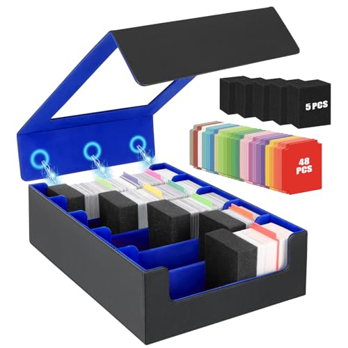 AOBOPLE 3900+ Trading Card Storage Box, Clear Lid and Magnetic Closure | 5-Row Card Box,PU leather,48 Dividers + 5 Foam Supports,Card Organizer For MTG TCG Sports, Gift For Collectors - color: 3900+Black Blue