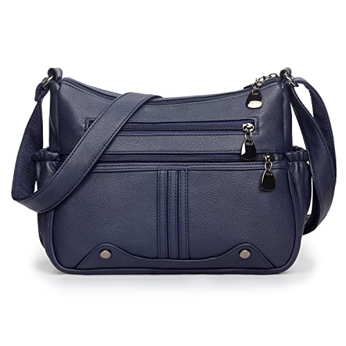 Women Soft PU Leather Shoulder Handbag Multi Pocket Crossbody Bag Ladies Medium Roomy Purses Fashion Tote Top Handle Satchel - color: Blue