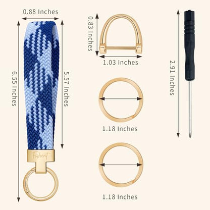 Fishent Stretchy Wristlet Keychain, Cute Key Chain, Woven Wrist Lanyard for Car Keys with 3 Keyrings and D-ring for Women Men - color: Blue-white