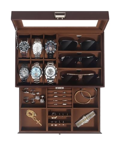 Kukikan Mens Jewelry Box Organizer, 6 Watch Slots & 3 Sunglasses -Brown | 2-Layer Watch Case for Men, Large Glass Lid, Mens Room Accessories Jewelry Case, Watch Display Holder with Drawer - color: Espresso, size: 6-slot