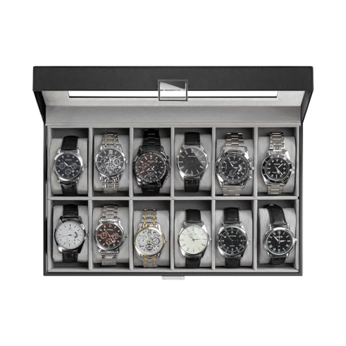 ProCase Watch Box Organizer, 12 Slot Watch Display Case, Black | Watches Storage Boxes Holder for Men Women, Large Glass Lid, Removable Pillows, Anniversary Christmas Birthday Gifts - color: Black, size: 12-Slot