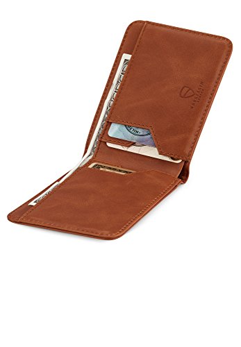 Vaultskin MANHATTAN Slim RFID Blocking Bifold Leather Wallet for Men - Men’s Leather Wallet, Front Pocket Minimalist Card Holder, Holds 9 Cards and Cash, Premium Italian Leather - color: Cognac