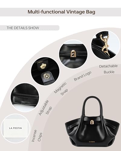 LA FESTIN Handbags for Women Genuine Leather Small Top Handle Tote Travel | Split Leather, Top Handle, Adjustable Strap, Attached Cosmetic Pouch, Magnetic Snap, Easy to Carry, Daily Use - color: Black