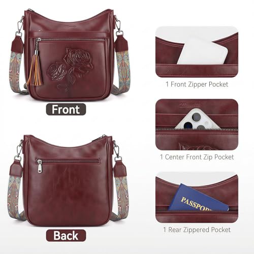 Medium Crossbody Bags for Women,Vegan Leather Hobo Purses Embossed | Women's Shoulder Handbags with Adjustable Boho Strap for Daily Travel Lightweight Cross body Purses with Multi Pockets - color: 10-red