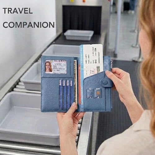 Genuine Leather Passport Holder for Women, RFID Blocking Compact Travel Wallet with Card Slots, Zipper Coin Pocket and SIM Slots, Slim Passport Cover Case, Blue - color: Blue