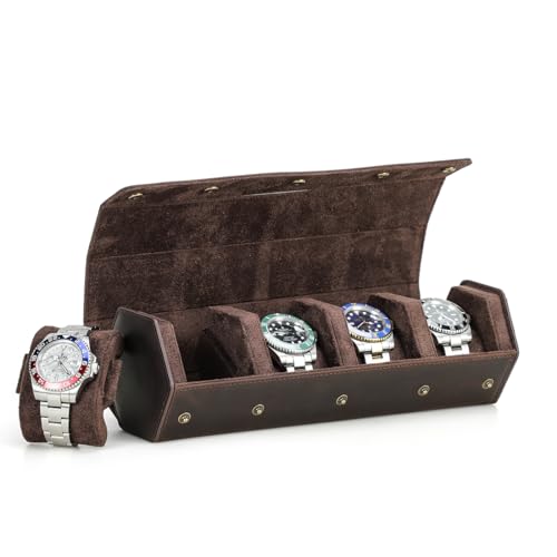 Hiram Genuine Leather Hexagon Watch Roll Travel Case, Leather 4-Watches Roll Case with Removable Pillow Cushion for Treasured Watches and Bracelets - color: Brown, size: 4-slots