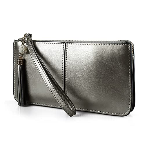 befen Genuine Leather Wristlet Clutch for Women Ultra-Slim Ladies Credit Card Holder Wallet Purses with RFID Protection - color: Warm Silver