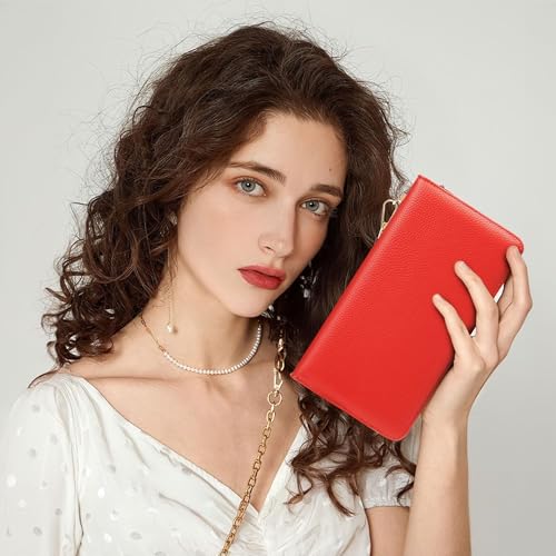 Chelmon Women's Vegan Leather Clutch Wallet with Zip, Hand Strap, Large Capacity - color: Pebble Red