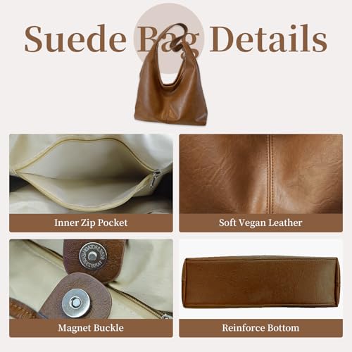 Hobo Bags for Women Slouchy Shoulder Bag Soft Vegan Leather Purse Everyday Handbags Large Work Tote Bag - color: Brown
