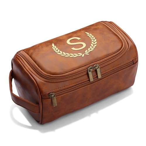 OXYEFEI Personalized Toiletry Bag for Men,Personalized Gifts for Men,Engraved Initial PU Leather Mens Toiletry Travel Shaving Travel Essentials Toiletries Bag for Him Birthday (S, Light Brown) - color: Light Brown, style: S