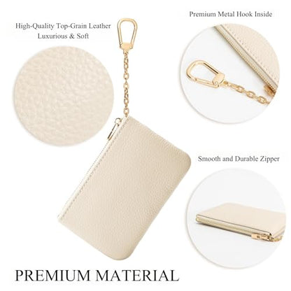 Full Grain Leather Coin Purse with Key Chain - Small Change Purse Keychain Card Holder Keychain Pouch Small Keychain Wallet for Women and Men (Creamy-white, Large Size) - color: Creamy-white, Large Size