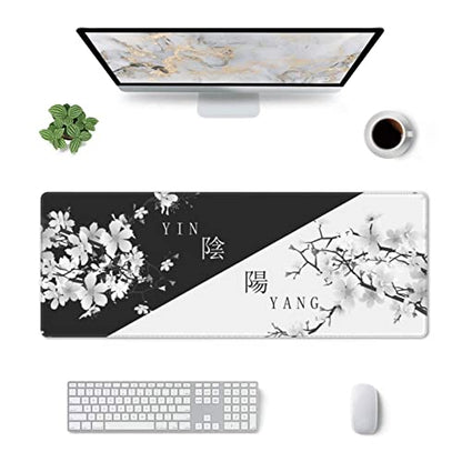 Japanese Large Gaming Mouse Pad, Cherry Blossom Pattern | Black and White Design XL Mousepad with Nonslip Rubber Base & Stitched Edges, Big Desk Mat for Keyboard-31.5x11.8 Inch - color: Japanese Black White Cherry Blossom, size: 31.5" x 11.8"