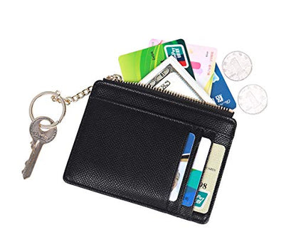 Women Slim Leather Card Case Holder Small Wallet Cute Coin Purse Girl Mini Wallet with Keychain (Black) - color: Black