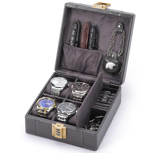 BISON DENIM Watch Box, 4 Watch Travel Case with Combination Lock - PU Leather Men's Watch Storage Box & Jewelry Organizer with Ring Slots & Necklace Hooks, Secure Travel Case, Grey - color: Grey