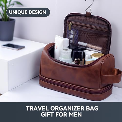 Toiletry Bag for Men,Large Leather Travel Pouch Bag with Hanging hook - color: Yellow Brown