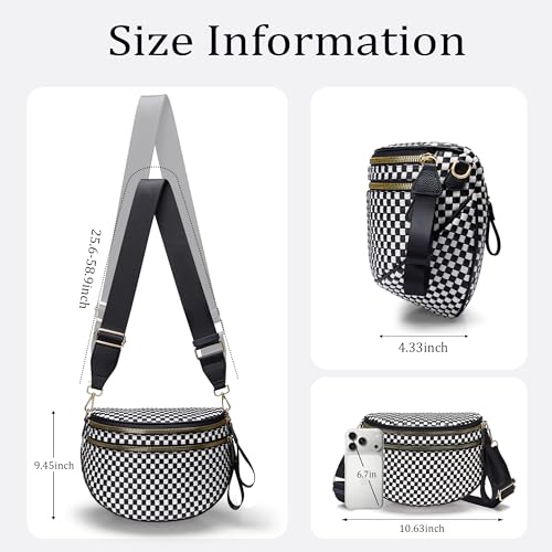 Stylish Woven Checkered Crossbody Bag Large Bum Bag for Women Soft Vegan Leather Purse Fanny Packs with Coin Purse - color: Black-white