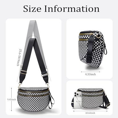 Stylish Woven Checkered Crossbody Bag Large Bum Bag for Women Soft Vegan Leather Purse Fanny Packs with Coin Purse - color: Black-white