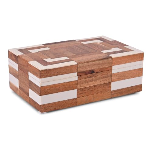 Perilla Home Large Decorative Wooden Storage Box – 8" x 5" x 3" – MDF & Wood with Resin (Rio) Finish – Off White Organizer Chest for Keepsakes, Blankets, Crafts & Home Decor - color: Off white and wooden