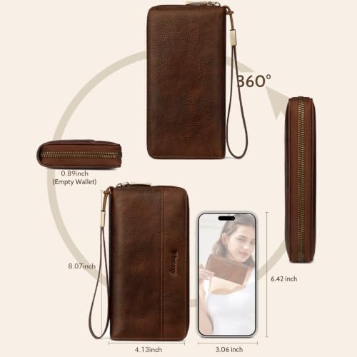 Real Leather Wristlet Wallet Women With RFID Blocking(darkcoffee) | Large capacity design,12 credit card slots,1 Inner zipper coin pocket,2 Full-length Receipt Slots,2 cash compartments - color: a9-darkcoffee