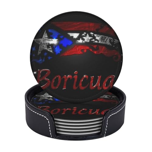 Puerto Rico Leather Drinks Coasters with Holder, Set of 6 | Suitable For Various Cups - color: Puerto Rico