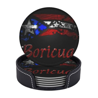 Puerto Rico Leather Drinks Coasters with Holder, Set of 6 | Suitable For Various Cups - color: Puerto Rico