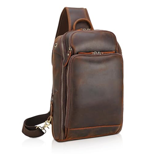 Polare Modern Style Sling Shoulder Bag Men’s Travel/Hiking Daypack with Full Grain Italian Leather and YKK Zippers - color: Small-dark Brown