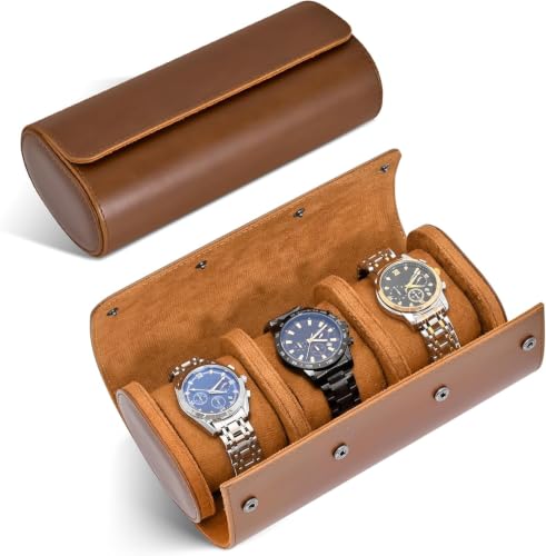 Watch Roll Travel Case for Men and Women- 3 Watch Storage and Organizer | Secure Storage with Innovative Removable Pillows & Solid Dividers for Home, Travel and Display(Brown) - color: Brown-3
