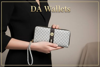 Women's Designer Wallet RFID Blocking DA Leather Wallets Large Phone Holder Wristlet wallets for women - color: Beige & Brown