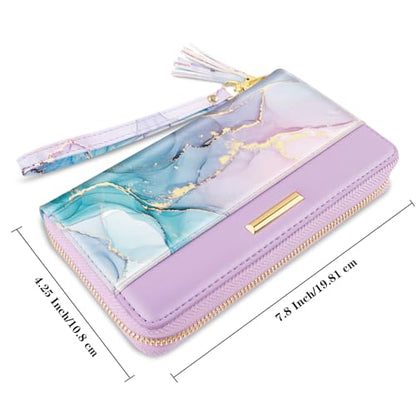 Coco Rossi Wallet for Women RFID Blocking Zipper Around Credit Card Holder | PU Leather, Zipper Around, Multi Card Case, Clutch with Tassel Wristlet Wrist Strap, Gradient Marble, Gifts for Girls Ladies - color: Gradient Marble