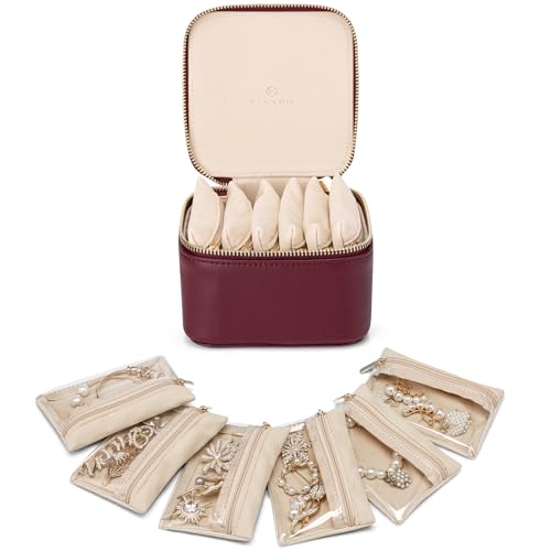 VLANDO Jewelry Organizers and Storage with 6 Clear Velvet Zipper Poucs,Red | Travel Essentials,Transparent Bags,Rings,Necklaces Storage,Carry-On Packing Women,Girl,Birthday,Wedding Gift - color: B.6PCS Red